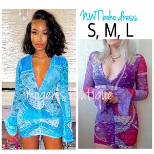 NWT SML boho beach scrunch dress in turquoise or purple Indian print stretchmesh